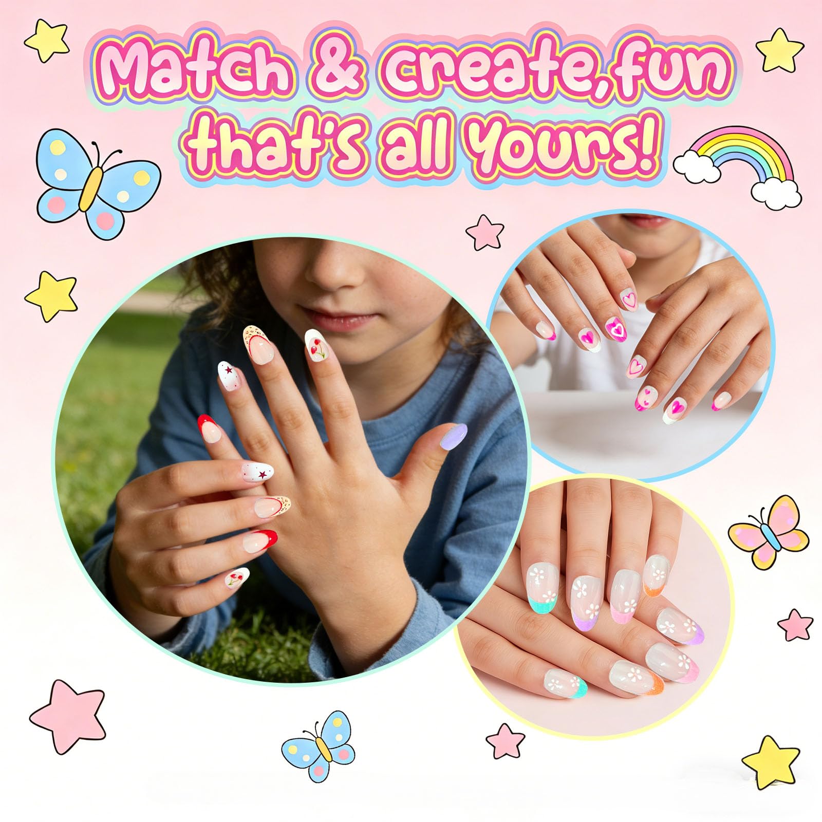 Jsiallye three styles kids nails pink French tip for simple daily glam.
