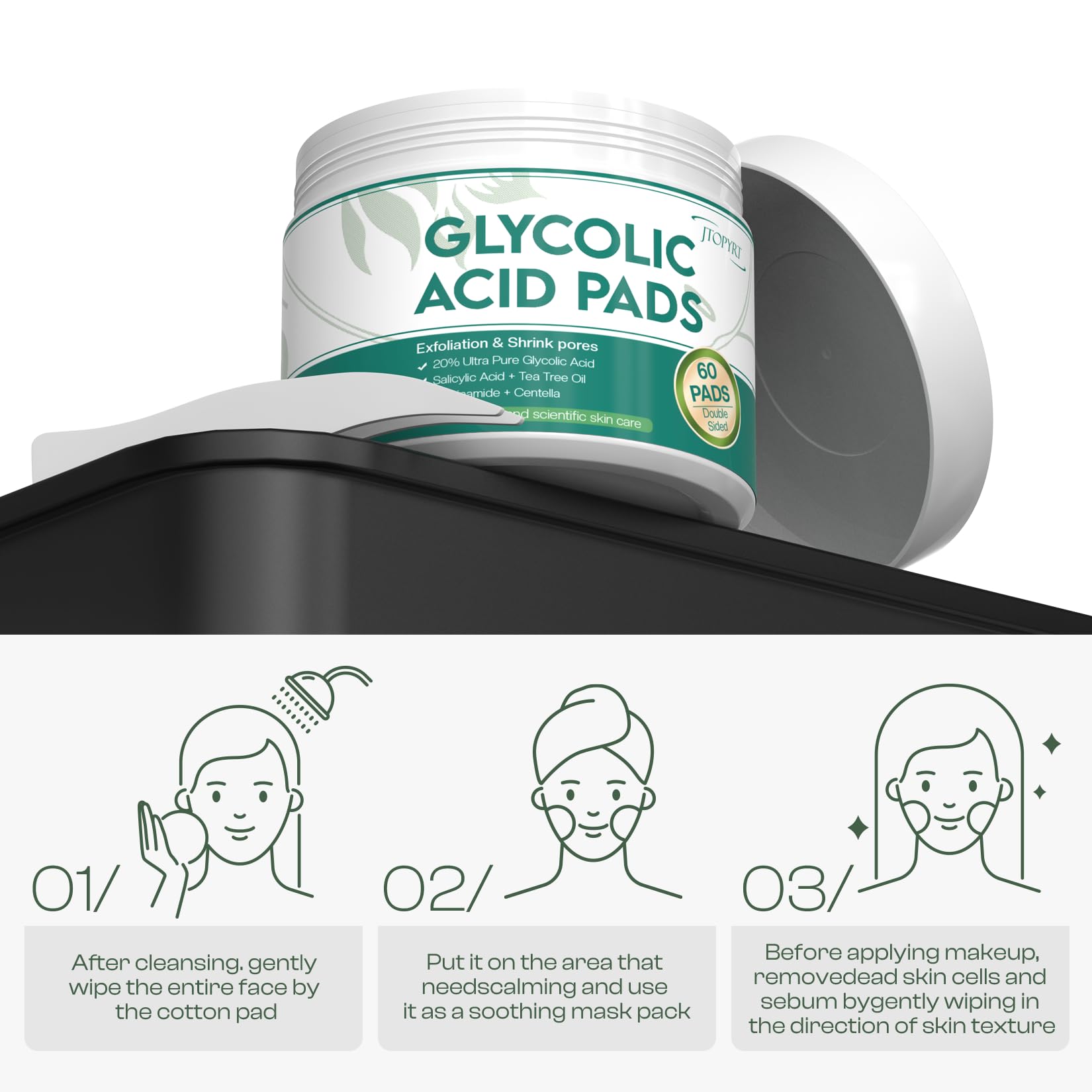 Jtopyrt pads with centella asiatica to calm redness during routine exfoliation.
