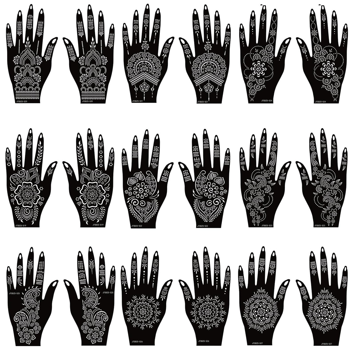 JTSDZS 18-sheets henna stencil kit for quick, clean temporary tattoos.