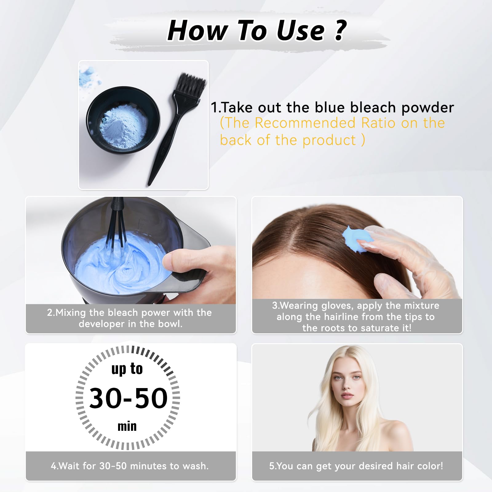 Packaging display of JUANCHI Hair Bleach Powder with 100g and 500g options
