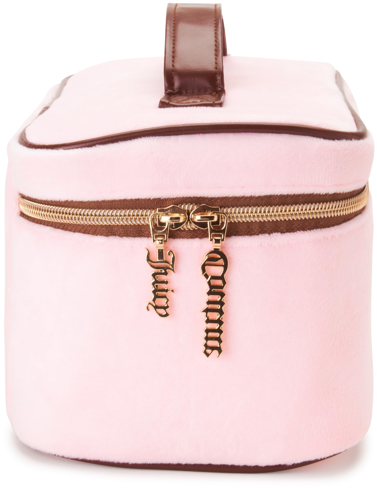 Juicy Couture pink makeup bag durable zipper for reliable travel use.