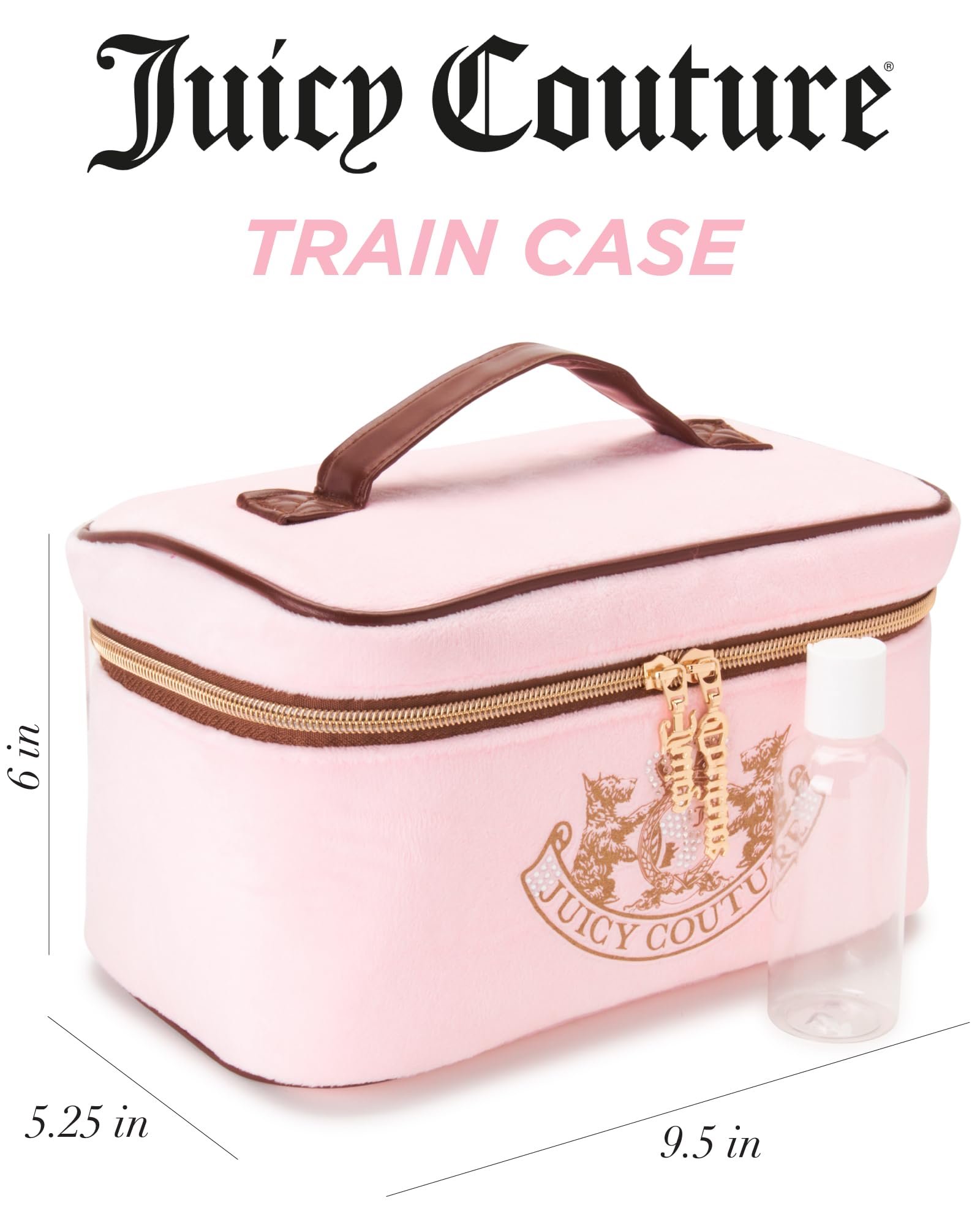 Juicy Couture pink makeup bag with rhinestone crown detail for glamorous storage.