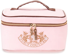 Juicy Couture pink makeup bag train case in velour for stylish travel organization.