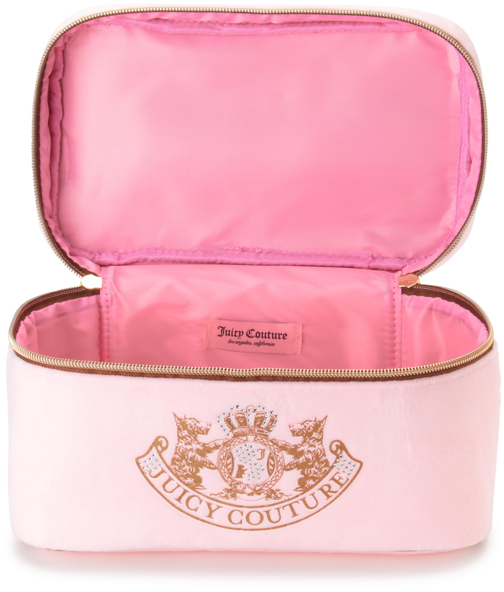 Juicy Couture pink makeup bag wipe-clean lining for easy care after trips.