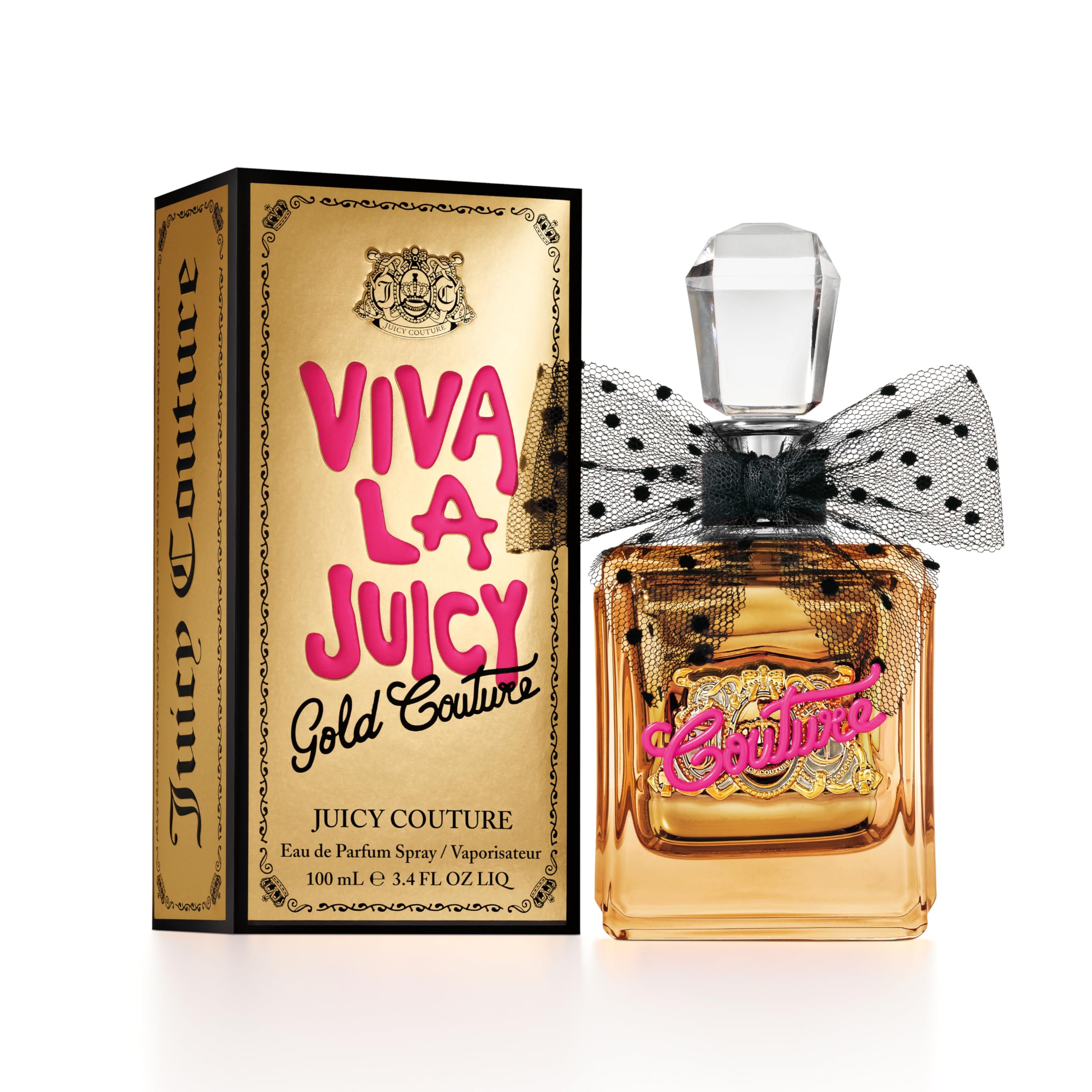 Juicy Couture Viva La Juicy Gold bottle close-up with gold accents for evening glamour.