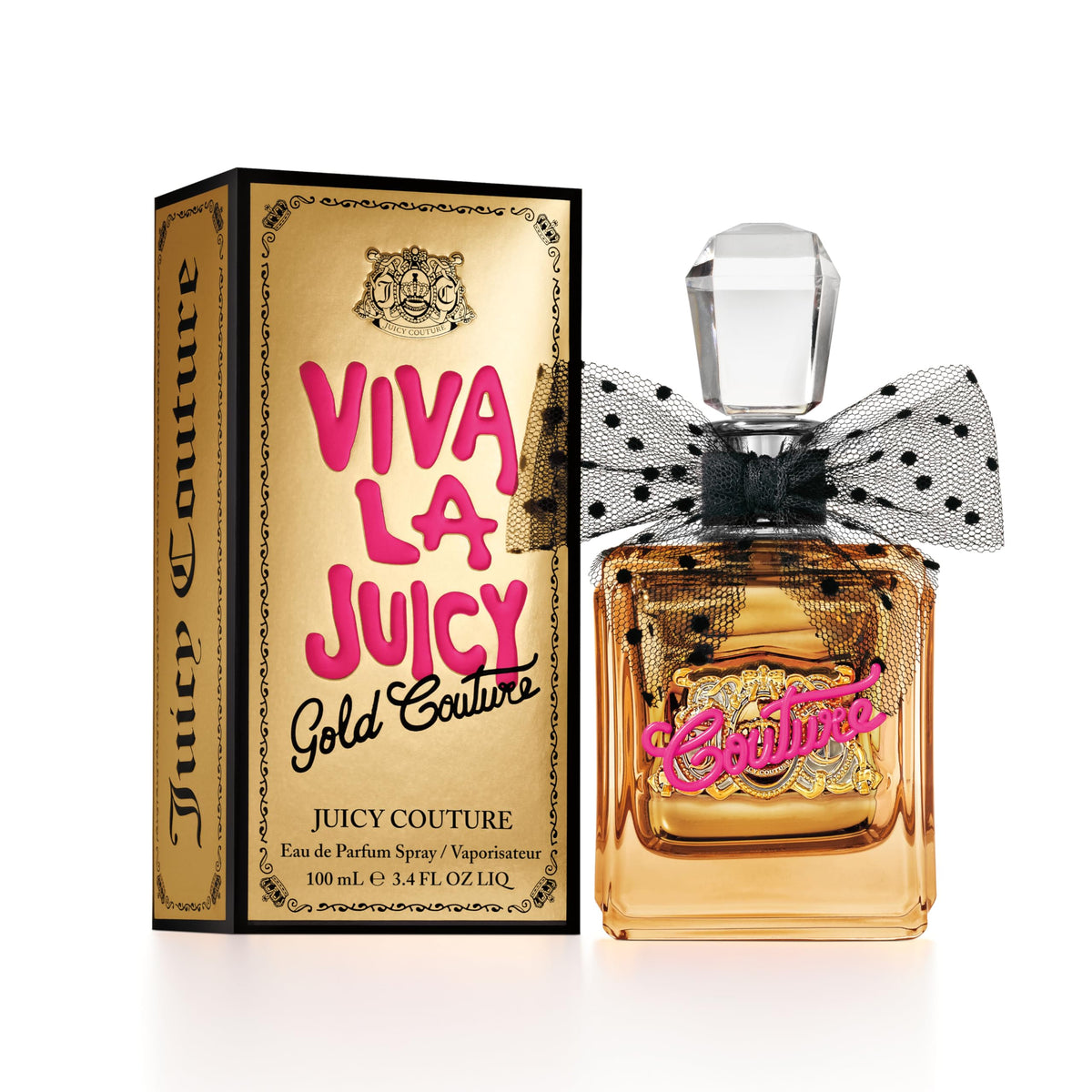 Juicy Couture Viva La Juicy Gold bottle close-up with gold accents for evening glamour.