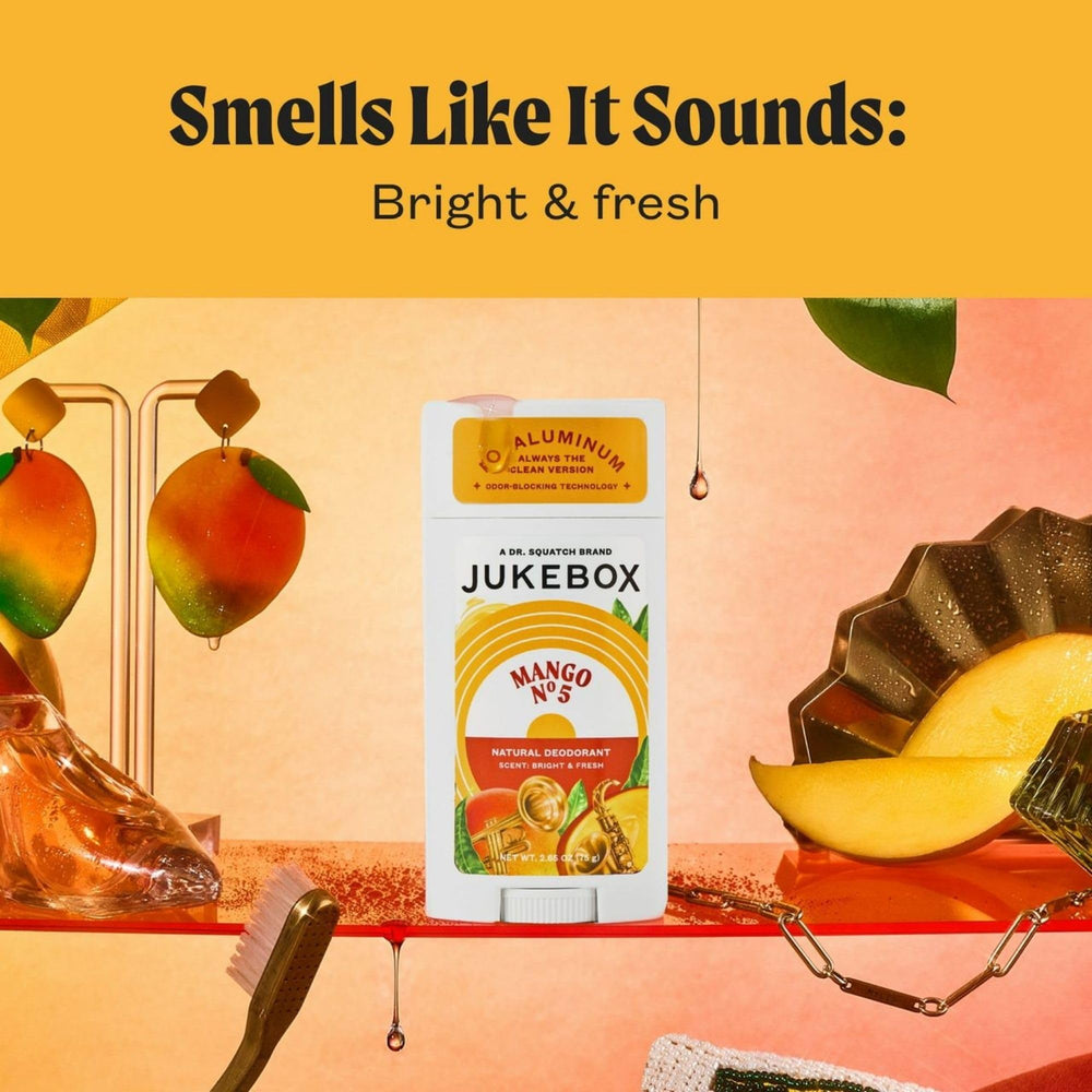 JUKEBOX Desodorante Mango No.5, envase EE. UU.: sostenibilidad y pruebas sin crueldad.
