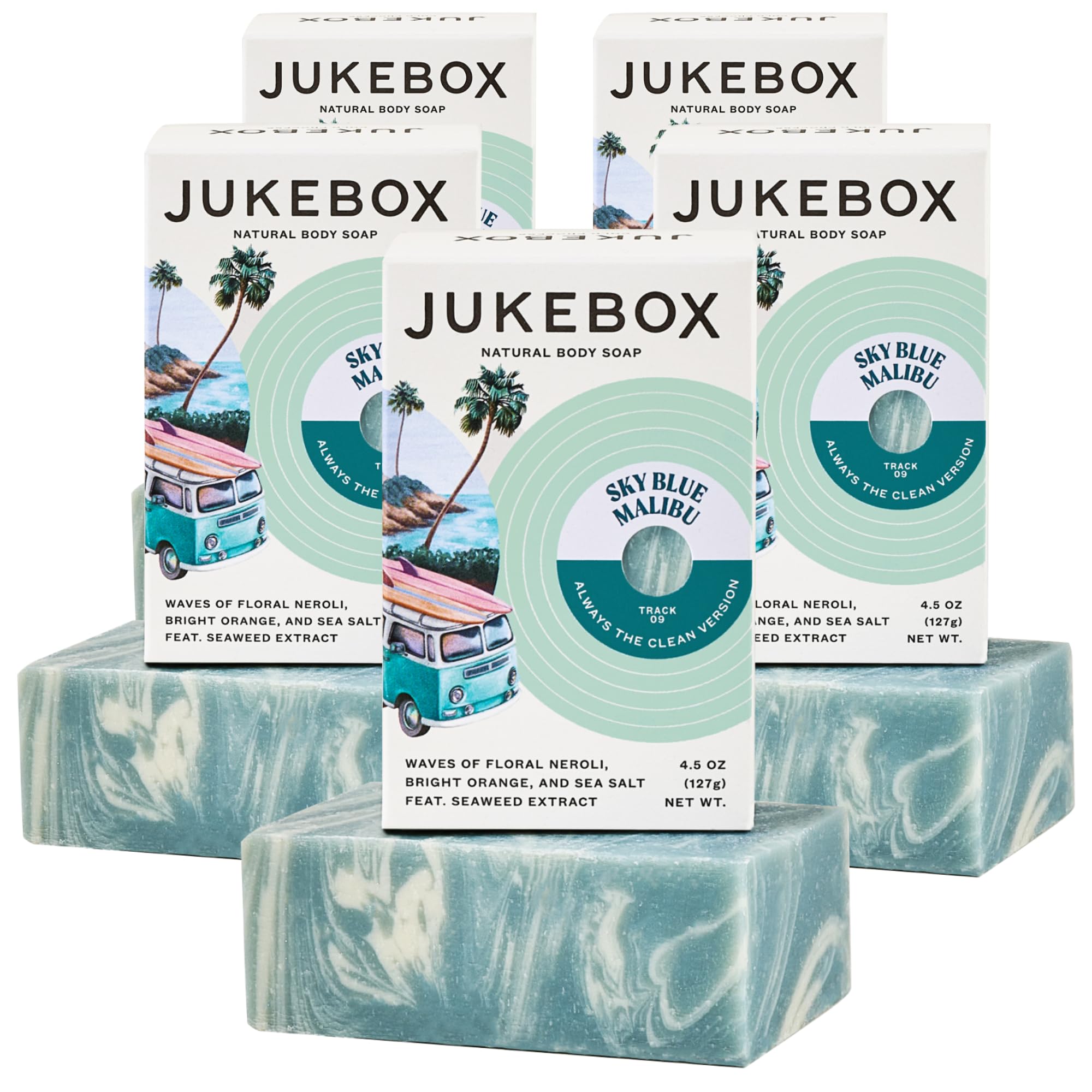 JUKEBOX Sky Blue Malibu soap pack front with Neroli and Sea Salt notes for a refreshing wash