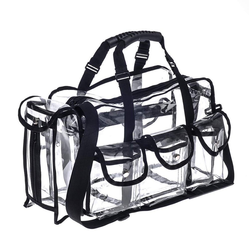 Jula Vance professional clear PVC makeup kit organizer front view with six external pockets for quick access.