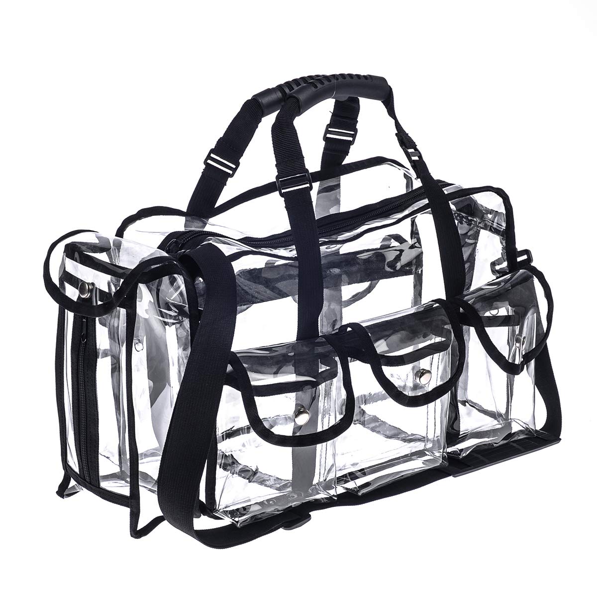 Jula Vance professional clear PVC makeup kit organizer front view with six external pockets for quick access.