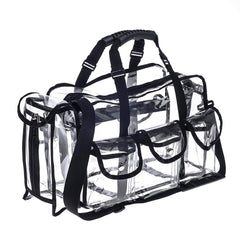 Jula Vance professional clear PVC makeup kit organizer front view with six external pockets for quick access.