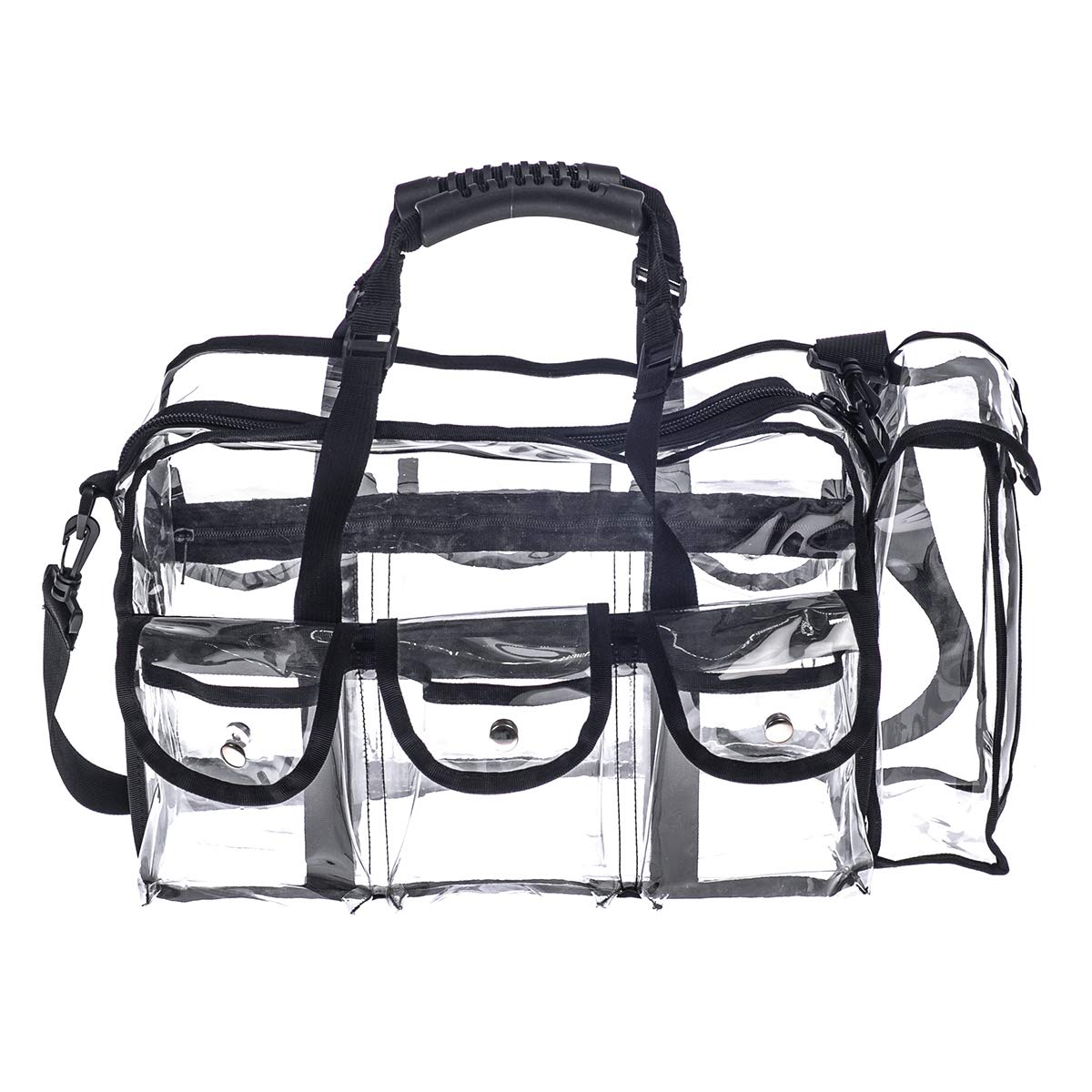 Jula Vance professional clear PVC makeup kit organizer side with magnetic pockets for secure storage.