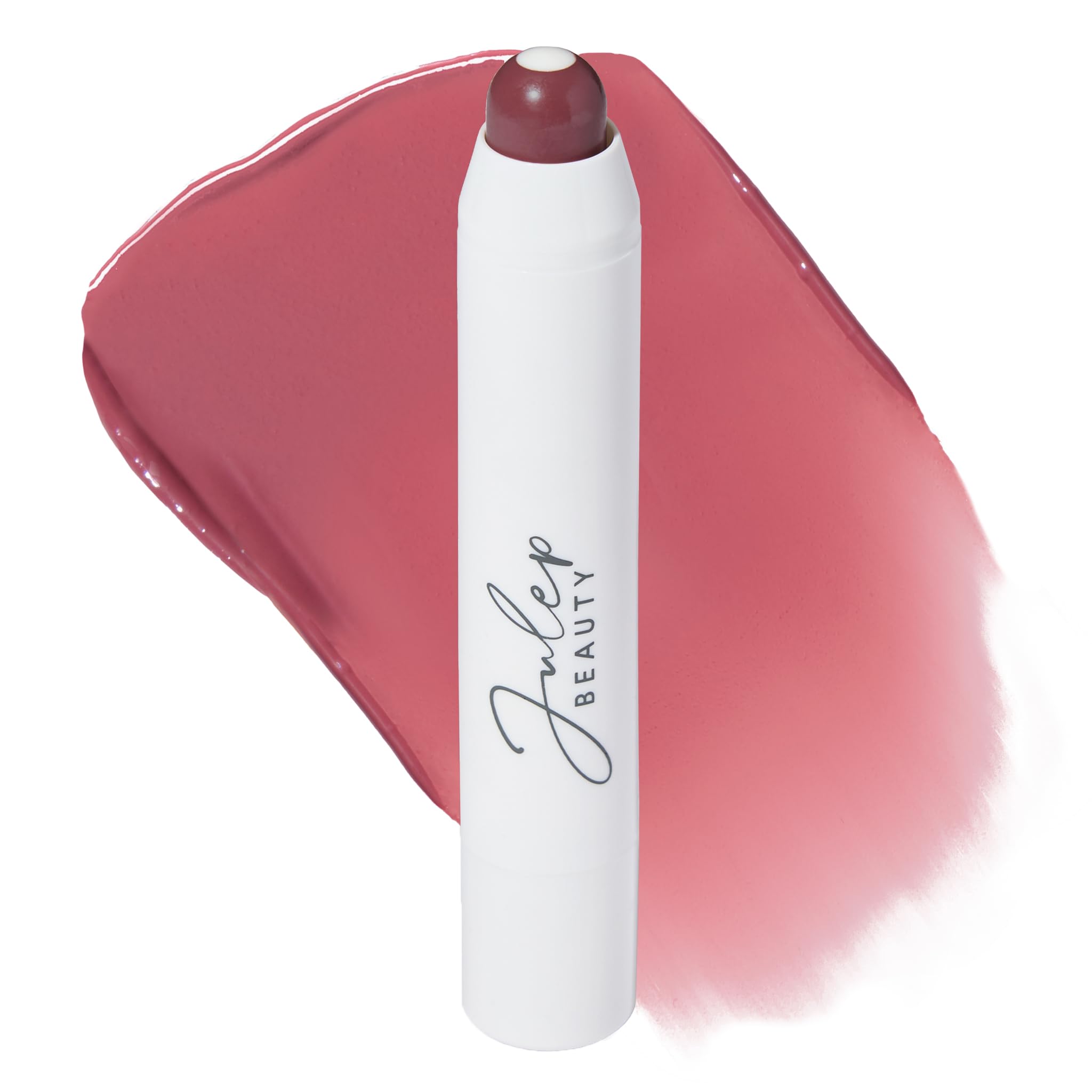 Bálsamo labial Julep en envase, color ciruela intenso y hidratación suave.
