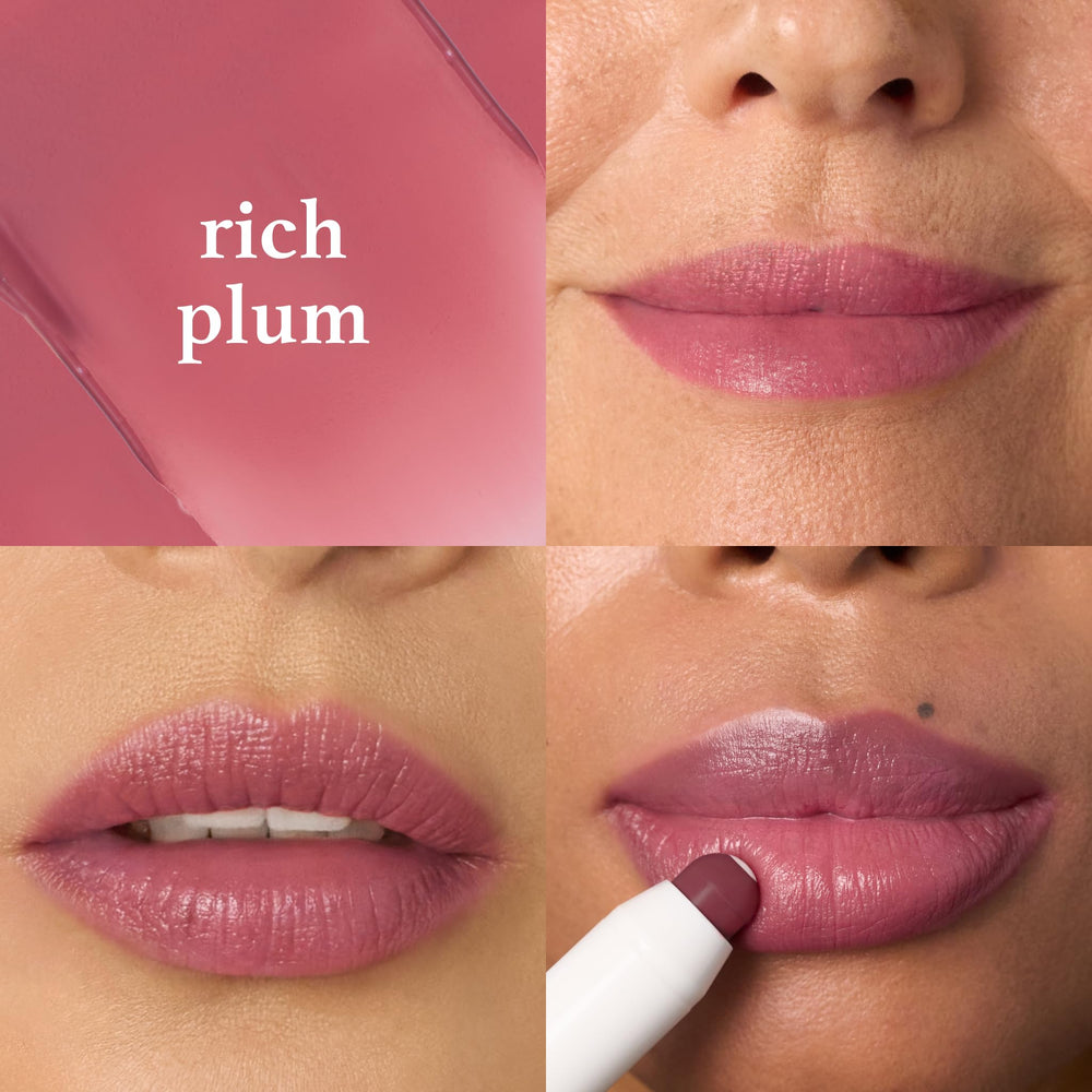 Muestra de color labial ciruela en labios, acabado suave.