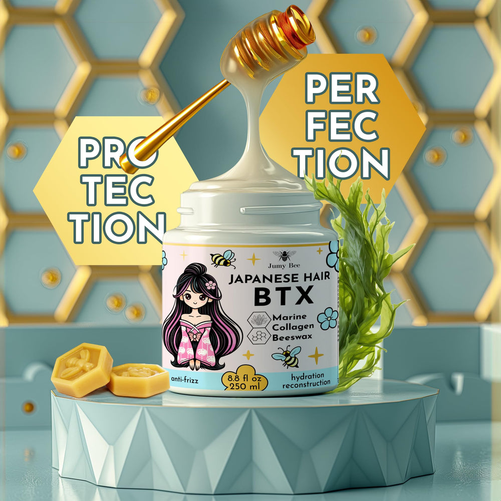 Jumybee BTX hair mask thermo-application swirls on surface for hydration.