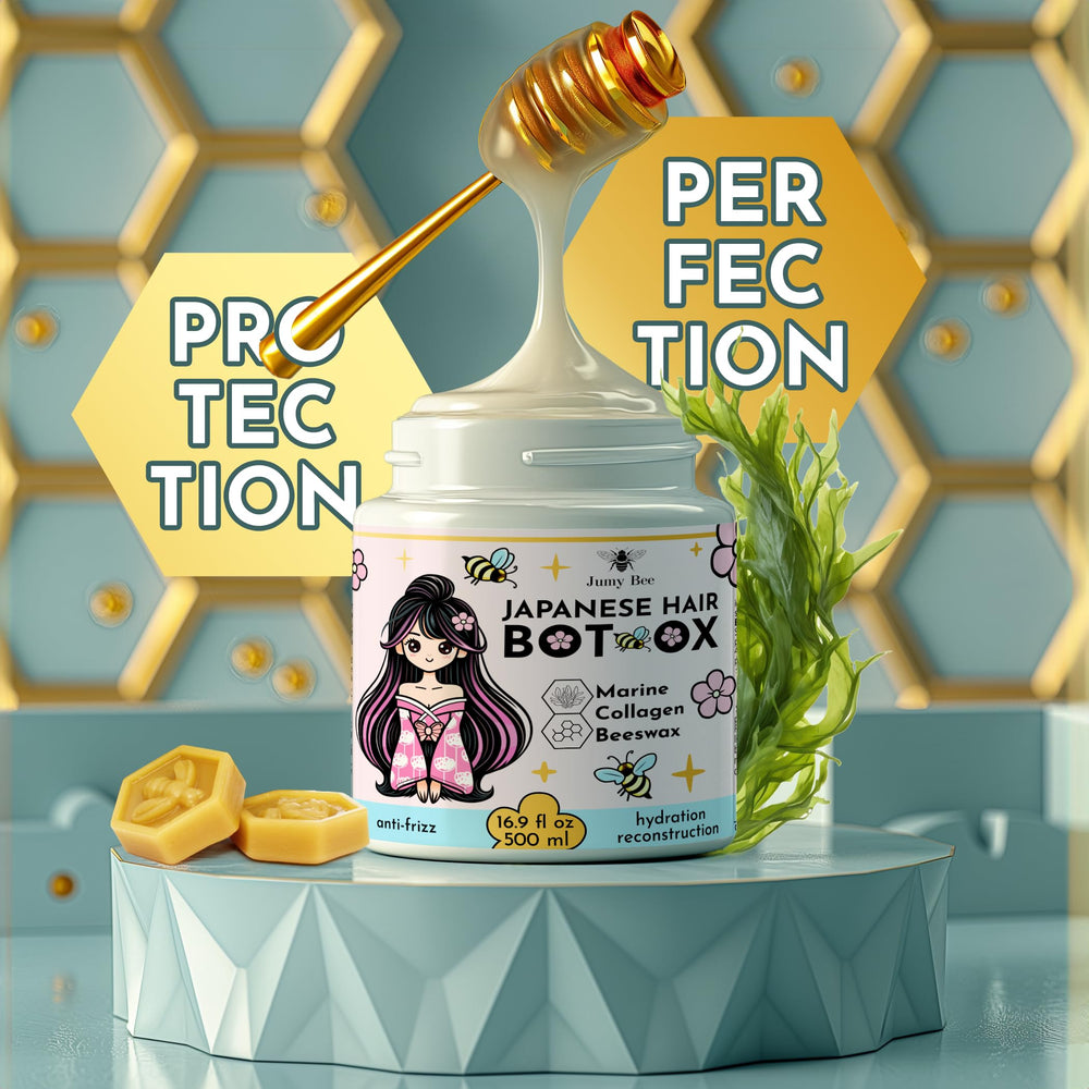 Jumybee BTX treatment application on strand showing even distribution and frizz reduction.