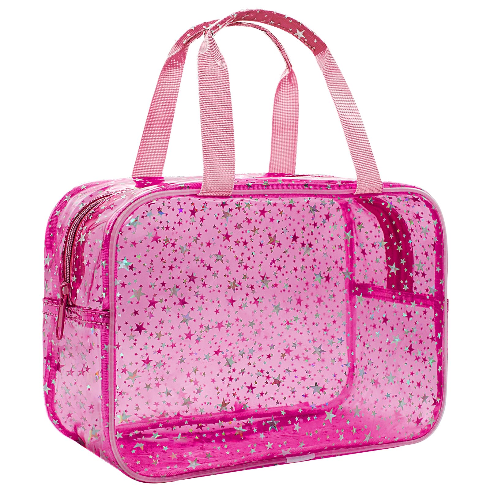 Junesters clear red star bag front view showing large capacity for travel organization
