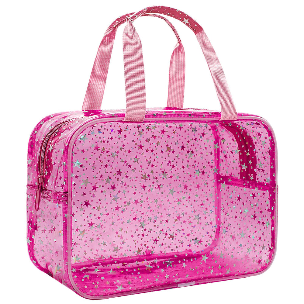 Junesters clear red star bag front view showing large capacity for travel organization