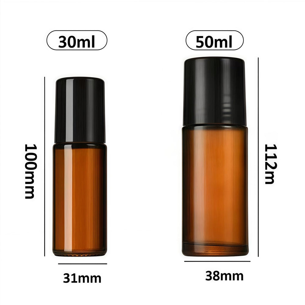 Junfamilee brown glass roller bottle with cap removed demonstrates refillable design for fragrances.