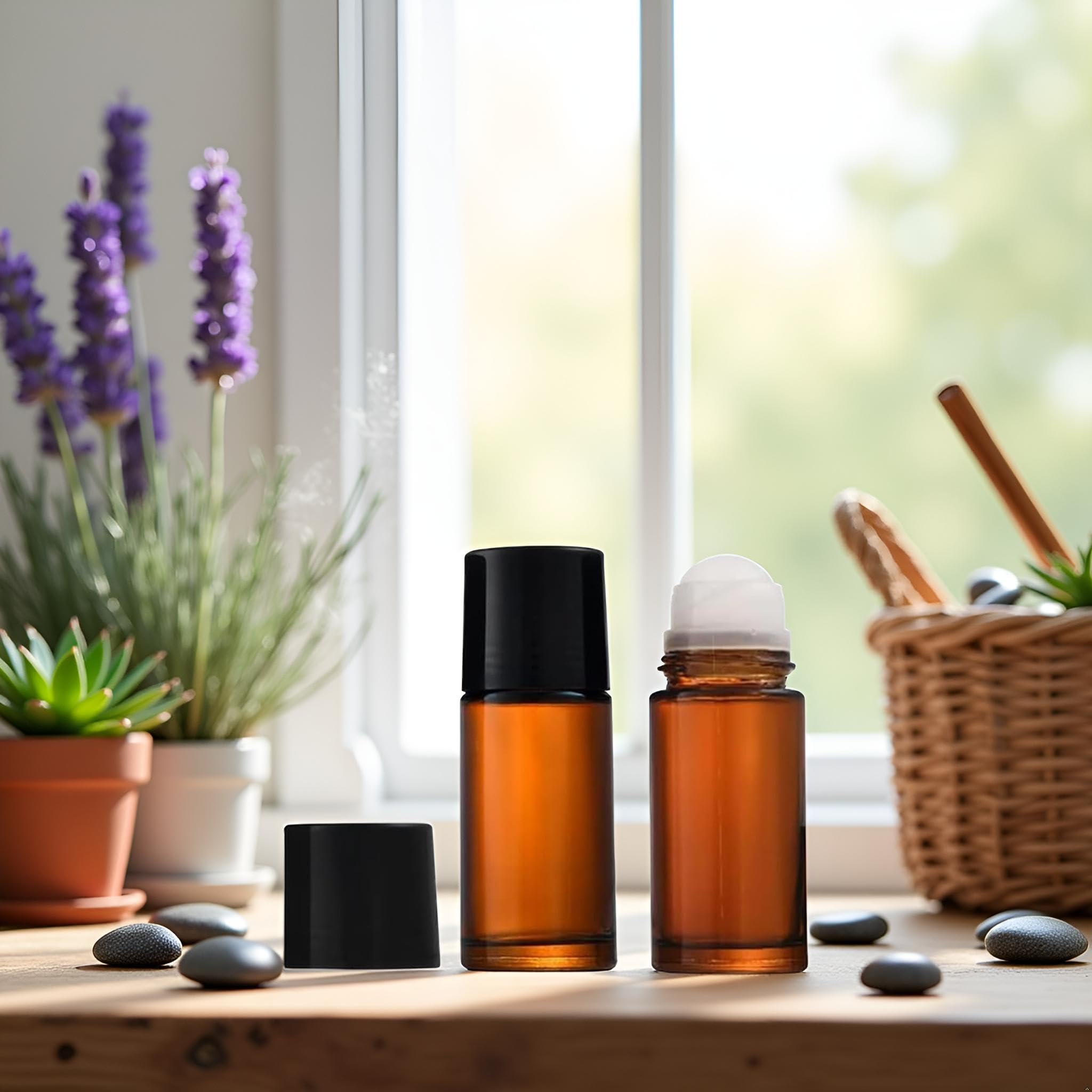 Junfamilee stainless steel roller ball provides smooth application for aromatherapy blends.
