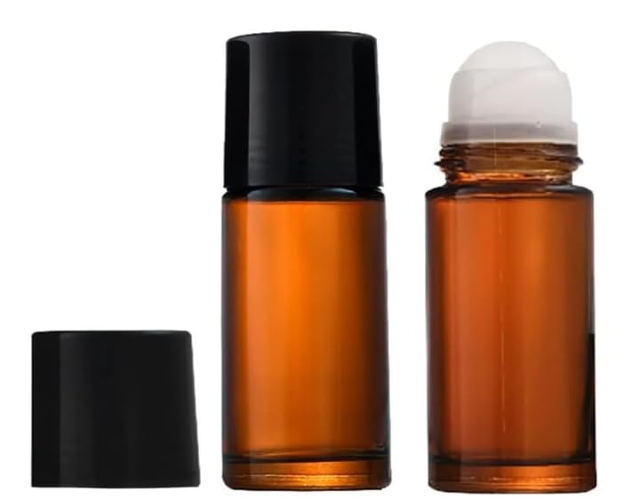 Junfamilee two-pack 50ml brown glass roller bottles for easy essential oil blends.