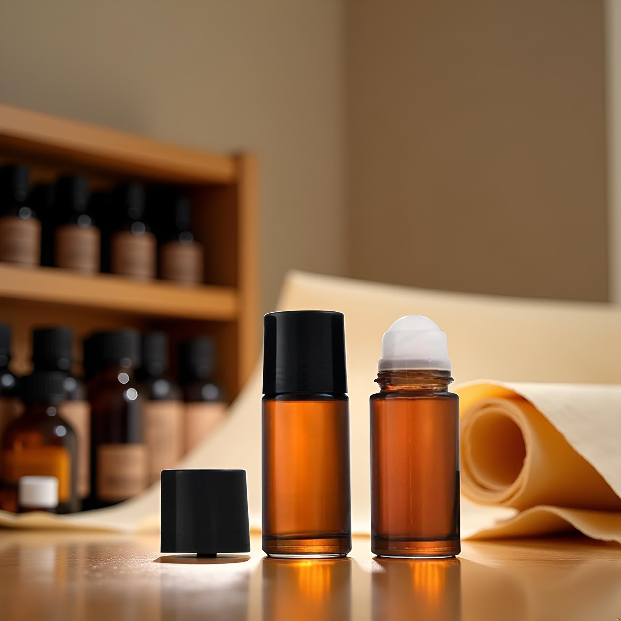 Junfamilee two-pack with durable brown glass protects light-sensitive oils during storage.