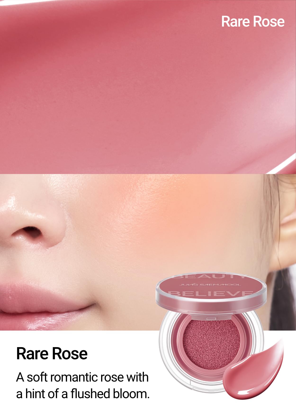 Close up of dewy finish on cheeks with Jung Saem Mool cushion blush.