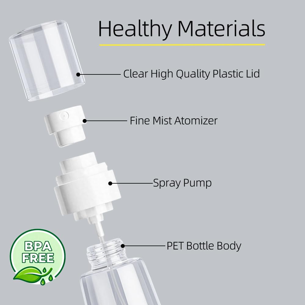 JUNIPLTER 2oz spray bottles in transparent PET for eco-friendly daily refills.