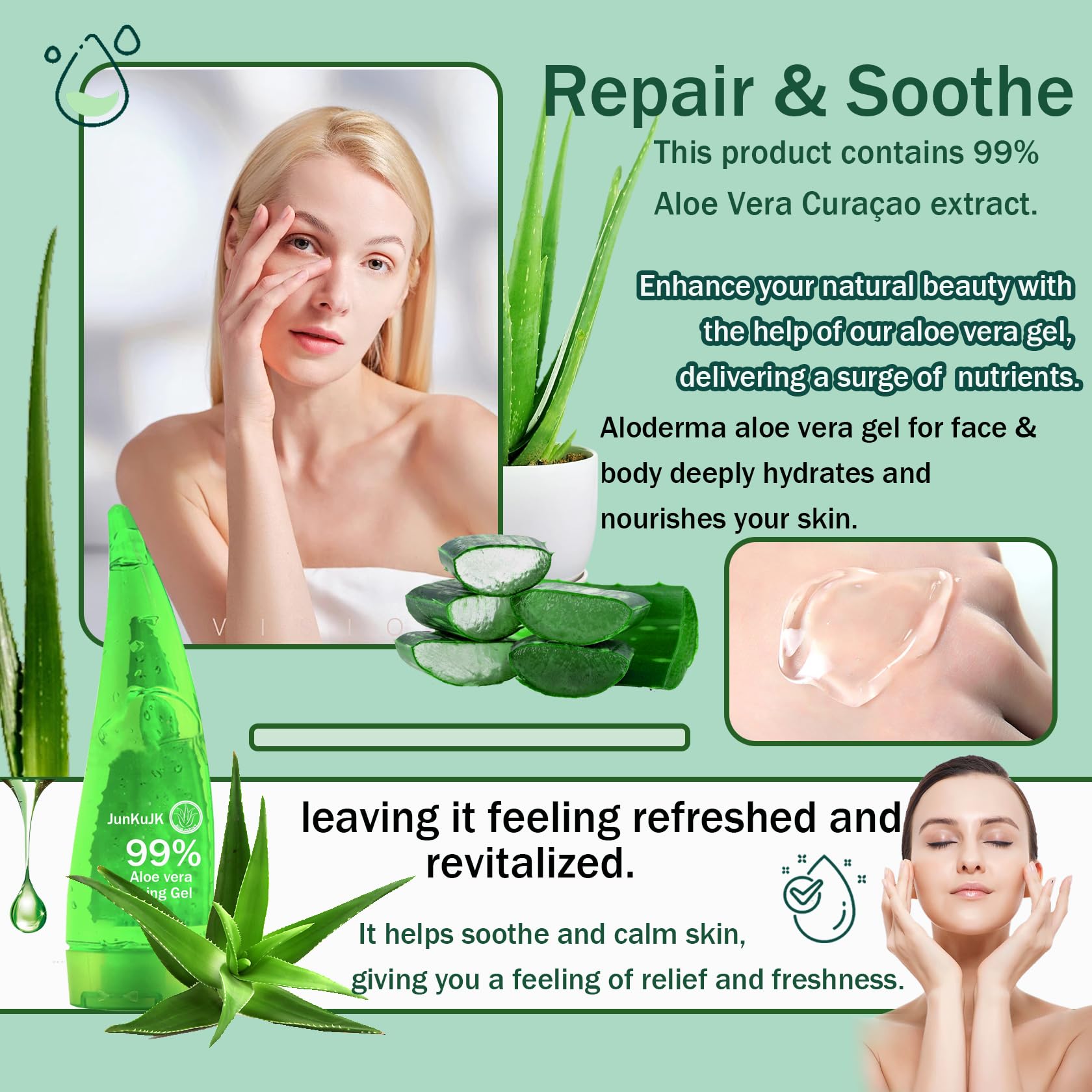JunKuJK Aloe Gel on palm ready for facial application and quick absorption