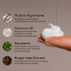 Close view of Jupiter bottle label with zinc pyrithione and vegan formula.
