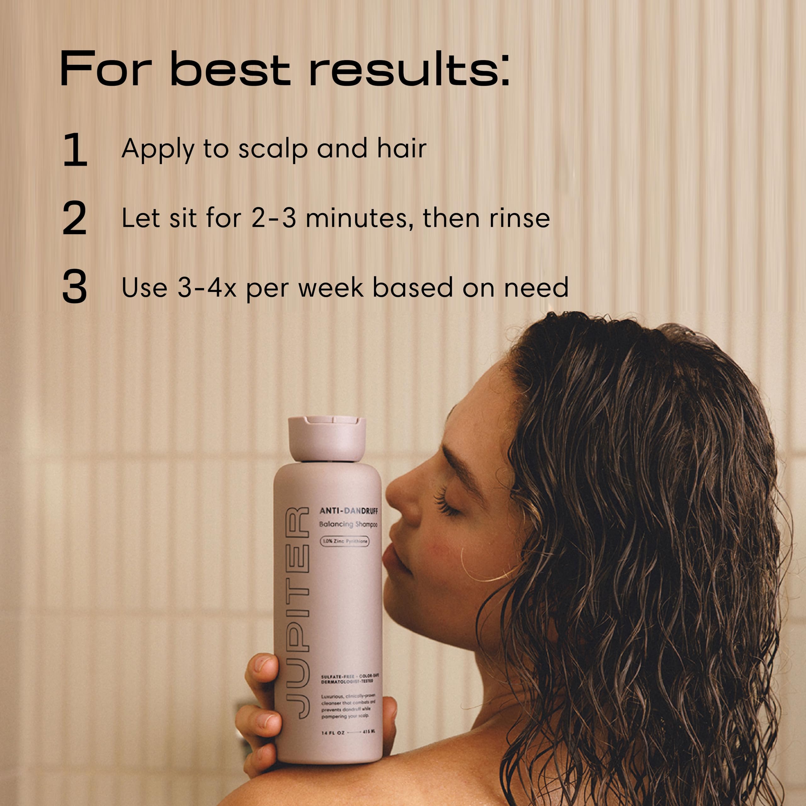 Jupiter shampoo on a shelf highlights color-safe, sulfate-free benefits.