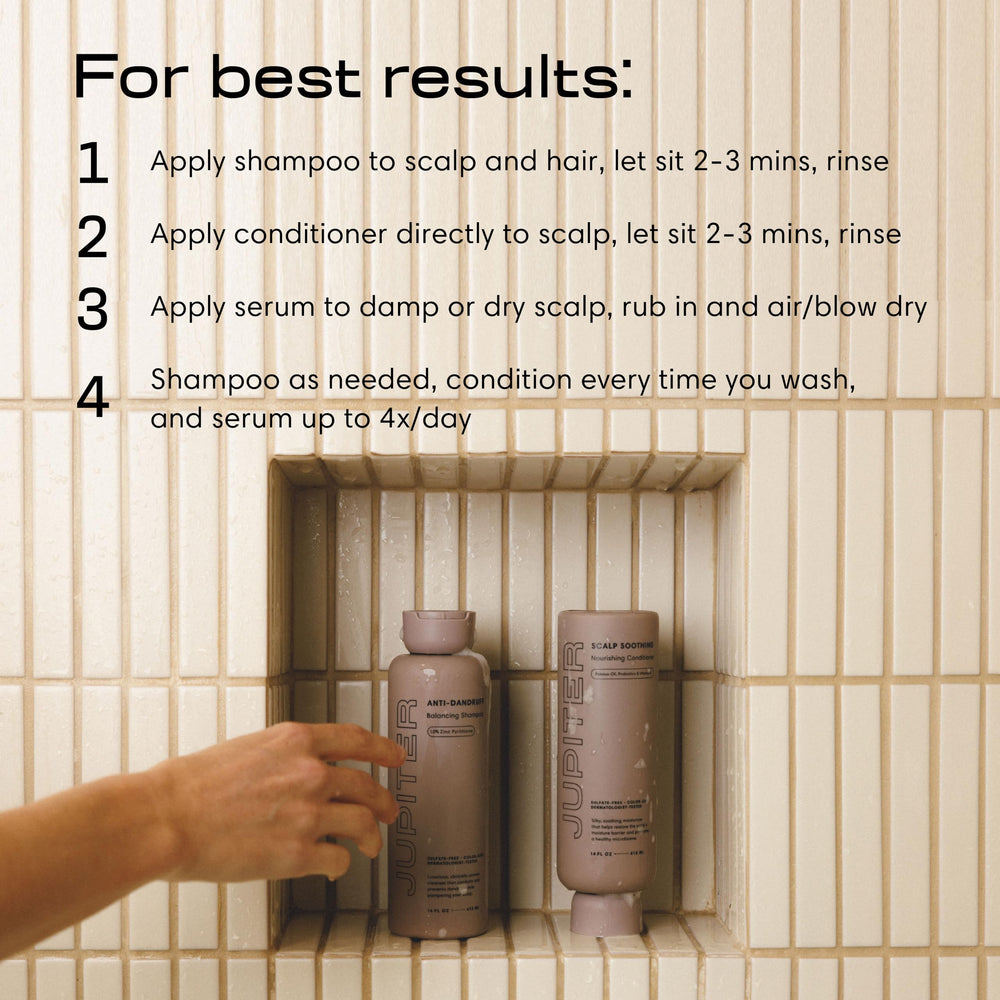 Jupiter Restoring Serum dropper targets scalp comfort between washes.