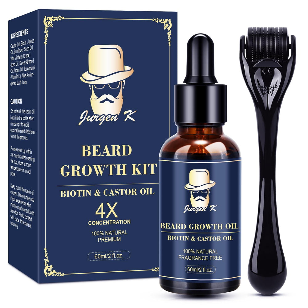 Jurgen K beard growth oil bottle shows nourishing formula for fuller beard.