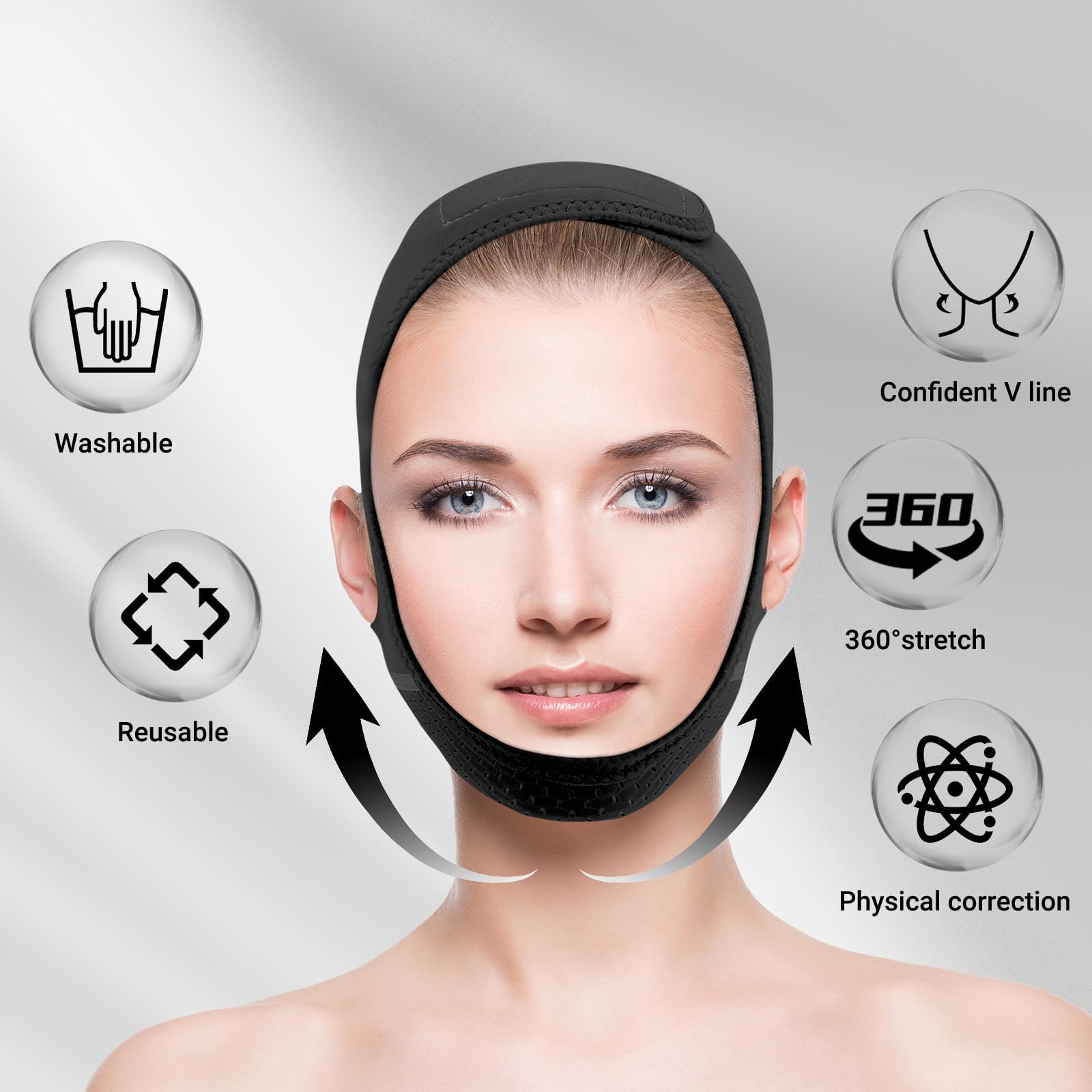 Juskaa face-slimming strap closeup highlights 3D design and gentle grip