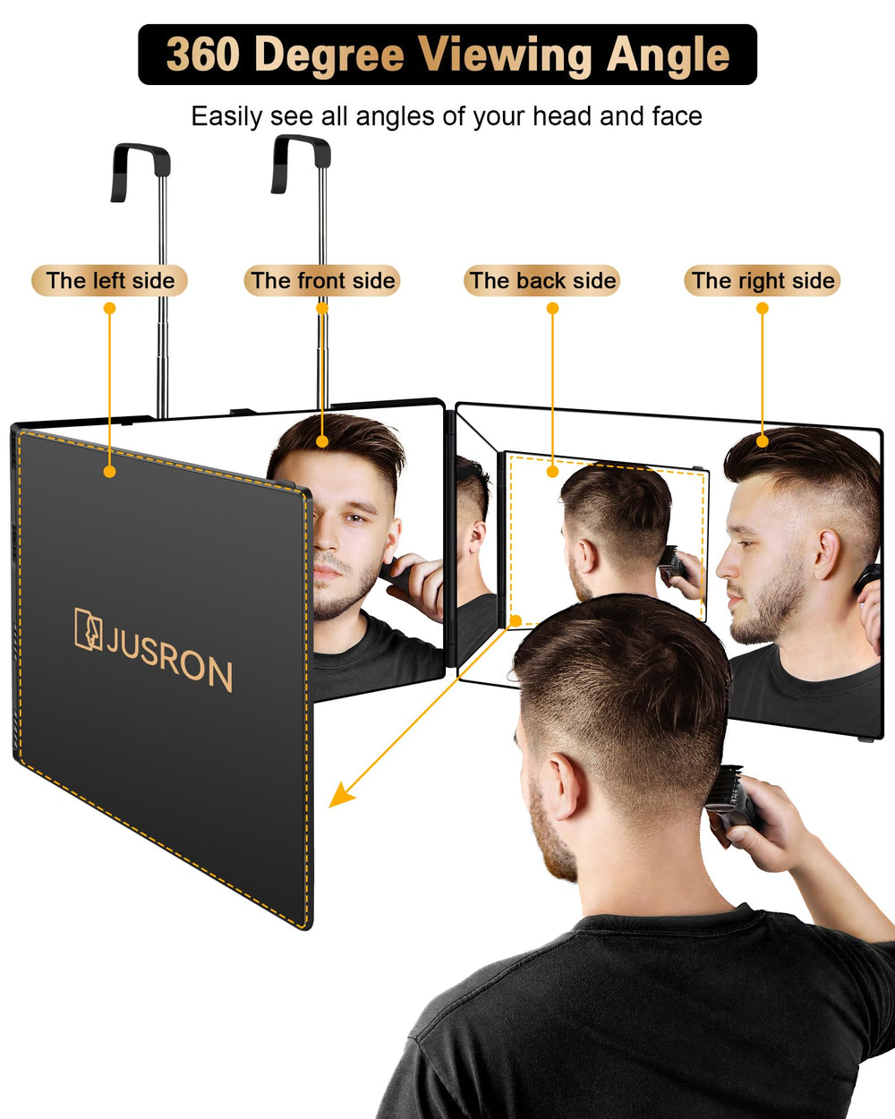 JUSRON 360° mirror side view showing 3-way grooming options