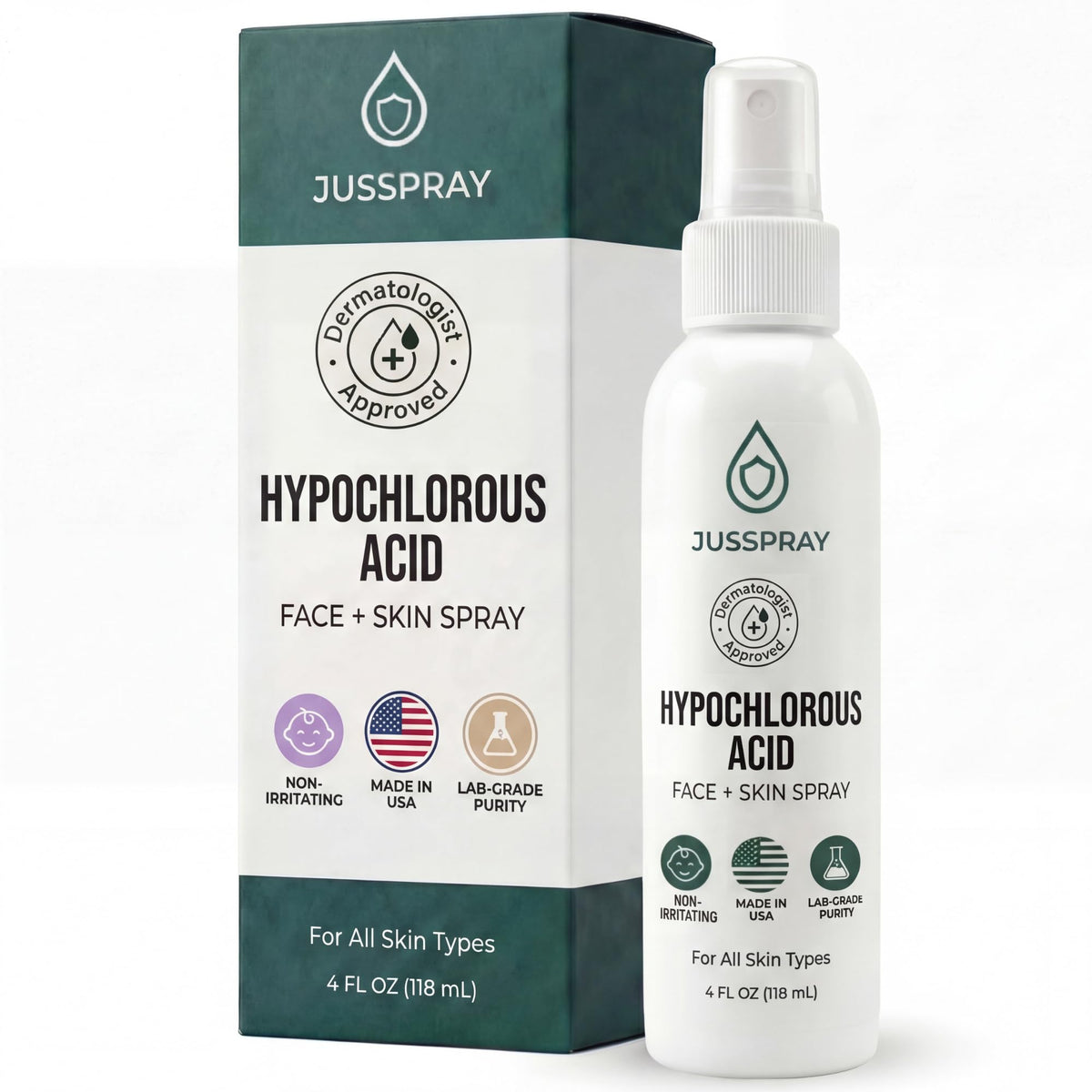 Jusspray Hypochlorous acid spray bottle for the face, a gentle cleansing option.