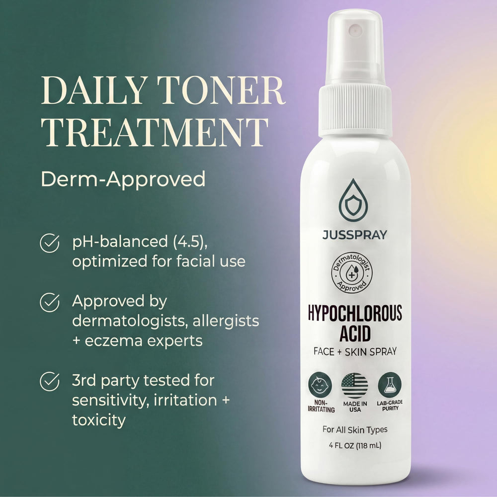 Fine mist release from Jusspray bottle onto skin during routine.