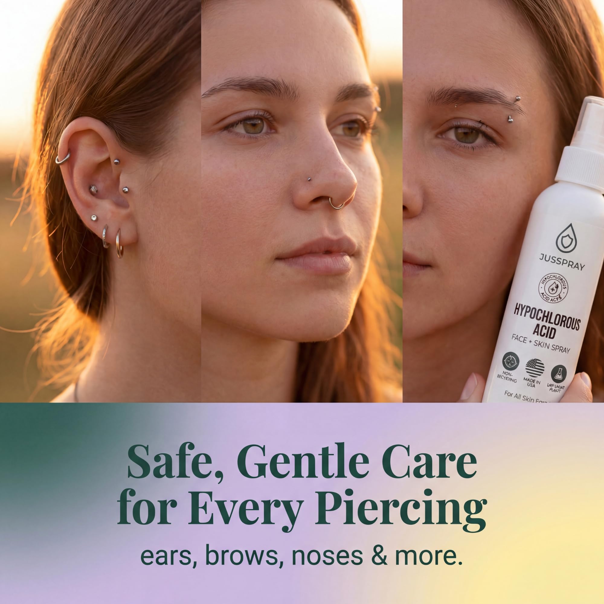 Piercing aftercare with Jusspray HOCl spray for gentle cleansing.