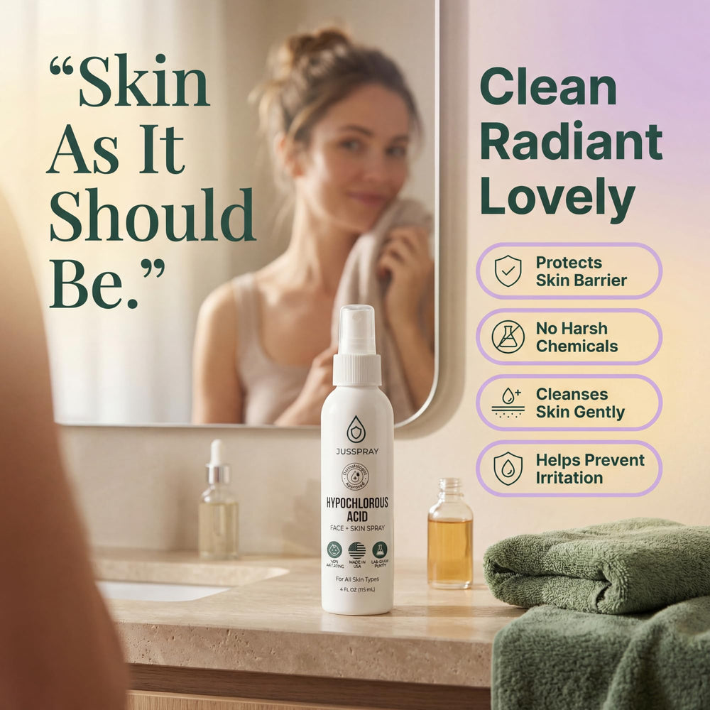 Travel-friendly 4 oz Jusspray HOCl bottle fits in a pouch.