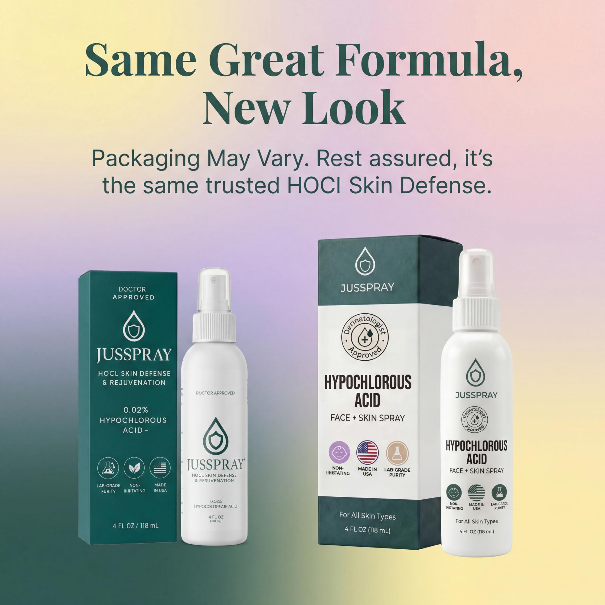 Jusspray bottle beside skincare lineup, vegan and cruelty-free ethic highlighted.