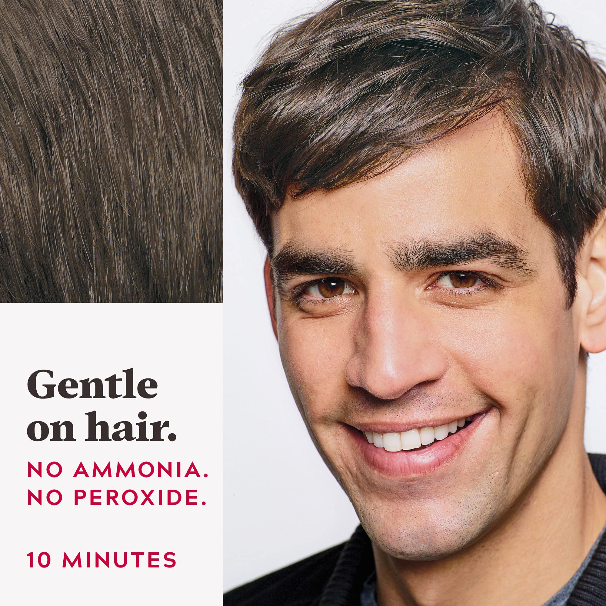 Before and after gray coverage using Just For Men on roots.