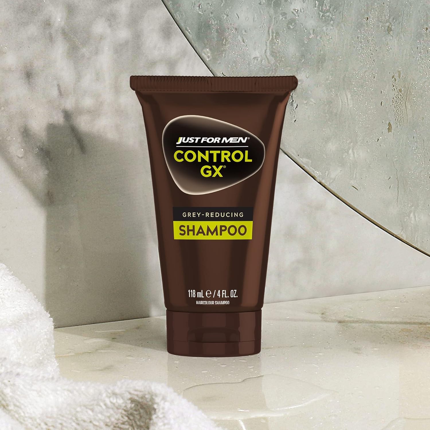 Just for Men Control GX bathroom shelf setup for morning routine.