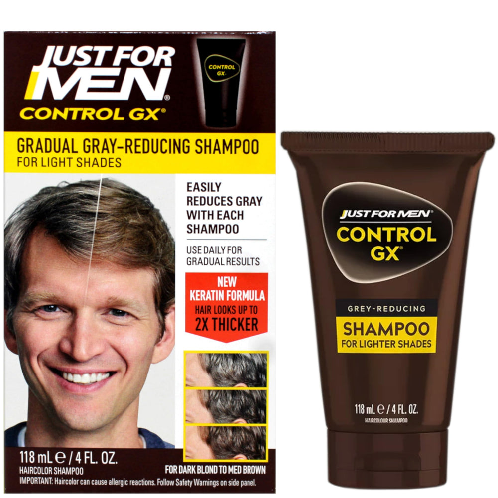Just for Men Control GX en cabello rubio o castaño medio con lavado diario para reducir canas.