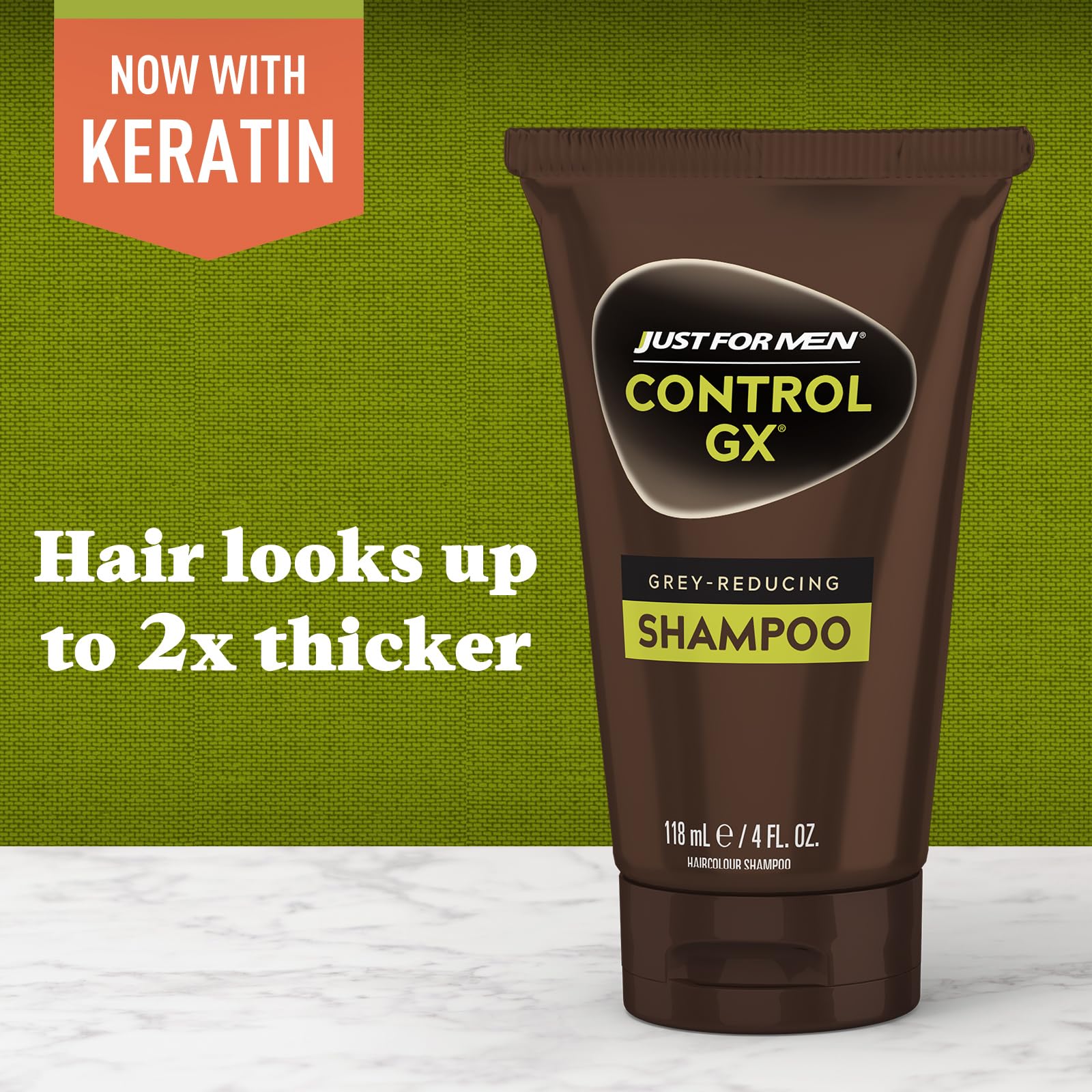 Just for Men Control GX bottle with keratin-boost graphic.