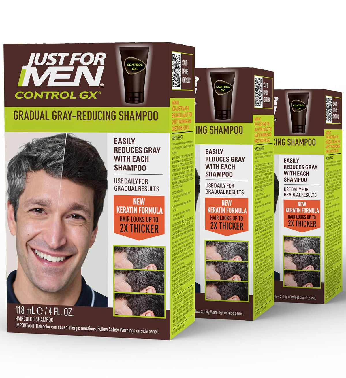 Just for Men Control GX shampoo bottle front view showing gradual gray-control concept.