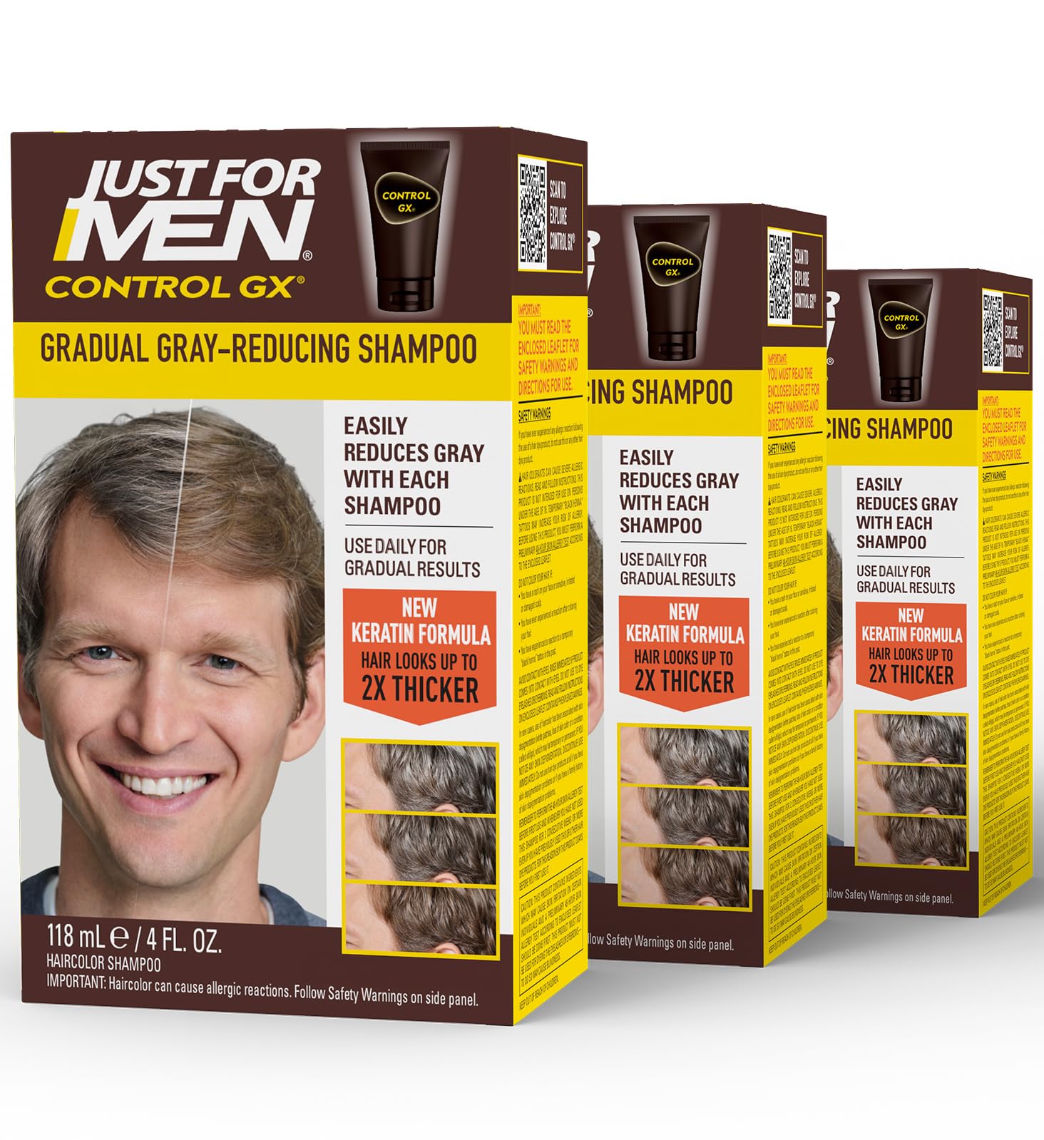 Just for Men Control GX shampoo bottle shows gradual grey reduction for lighter hair.