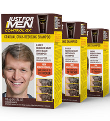 Just for Men Control GX shampoo bottle shows gradual grey reduction for lighter hair.