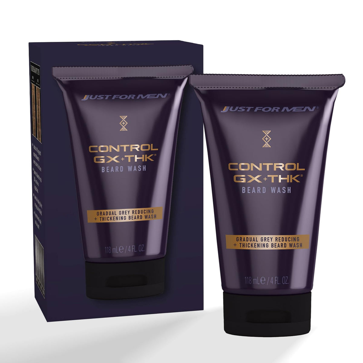 Just for Men Control GX + THK beard wash bottle demonstrates grey reduction and thickening promise.