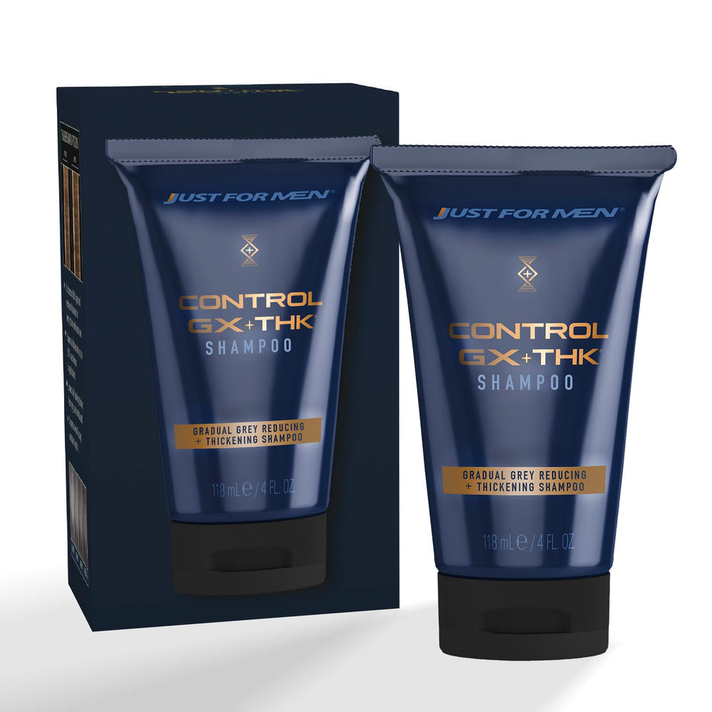 Just for Men Control GX + THK, botella derramando; inicia rutina diaria de cuidado capilar