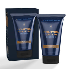 Just for Men Control GX + THK, botella derramando; inicia rutina diaria de cuidado capilar